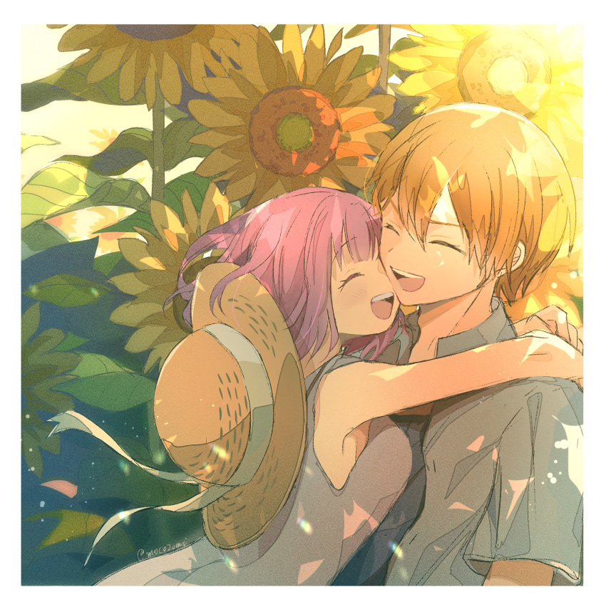 1boy, 1girl, blonde_hair, blue_shirt, border, breasts, closed_eyes, commentary_request, couple, dappled_sunlight, dress, field, flower, happy, hat, hat_ribbon, hetero, highres, hug, medium_breasts, momomo_(m0_3), ootori_emu, open_clothes, open_mouth, open_shirt, outdoors, pink_hair, project_sekai, ribbon, shirt, short_hair, smile, sun_hat, sunflower, sunlight, teeth, tenma_tsukasa, upper_body, upper_teeth, white_dress, white_ribbon