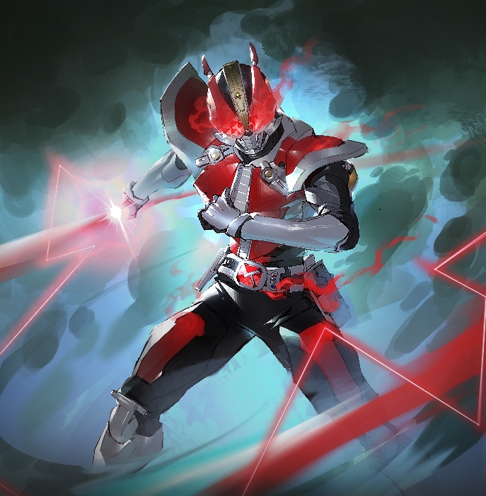 1boy, attack, black_bodysuit, bodysuit, cowboy_shot, den-o_belt, dengasher_sword_mode, electricity, finishing_move, glowing, glowing_eyes, incoming_attack, kamen_rider, kamen_rider_den-o, kamen_rider_den-o_(series), male_focus, nicholas_f, pose, red_armor, red_eyes, rider_belt, solo, sword, sword_form, tokusatsu, weapon