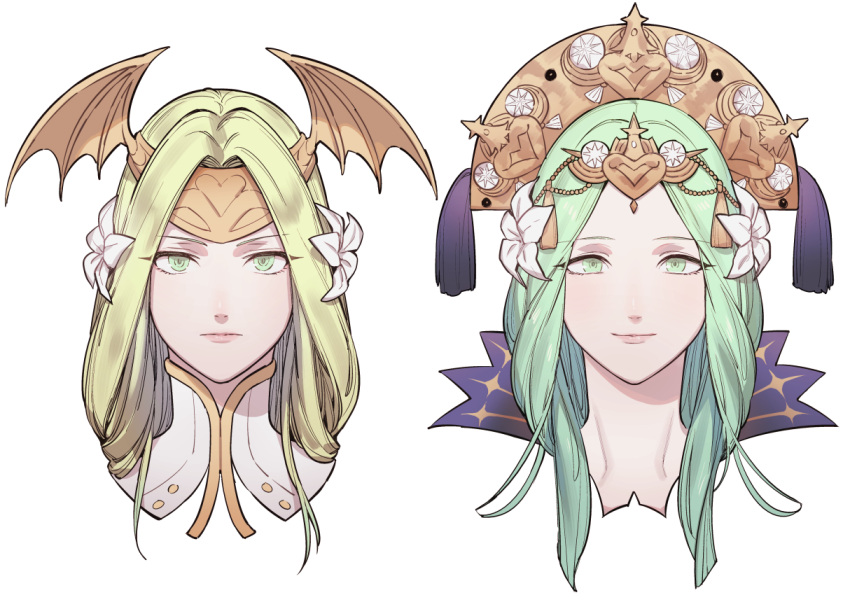 1girl, commentary_request, eyebrows_visible_through_hair, fire_emblem, fire_emblem:_three_houses, flower, green_eyes, green_hair, hair_flower, hair_ornament, ikarin, long_hair, looking_at_viewer, multiple_views, portrait, rhea_(fire_emblem), seiros_(fire_emblem), simple_background, smile, white_background, winged_hair_ornament