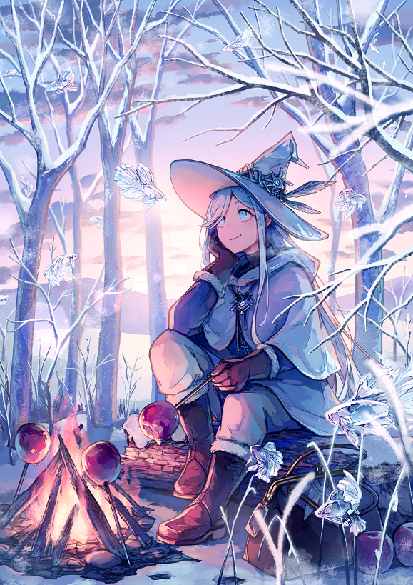 1girl, akagi_shun, apple, bare_legs, bare_tree, blue_eyes, boots, brown_footwear