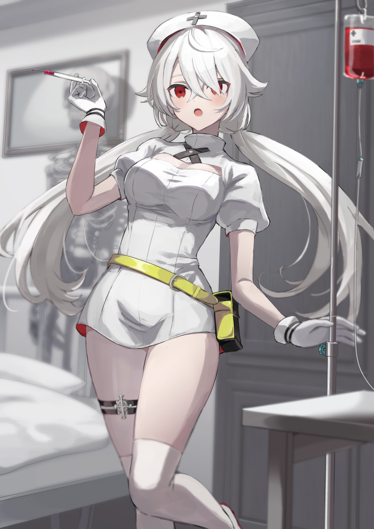 1girl, bed, belt, blush, breasts, cabinet, commentary_request, dress