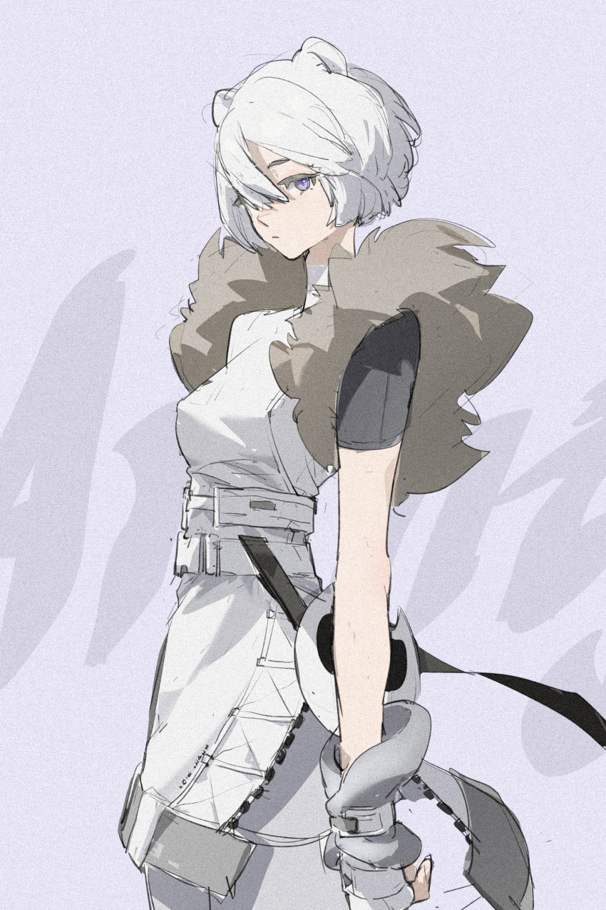 1girl, absurdres, arknights, belt, closed_mouth, commentary, cowboy_shot, dress