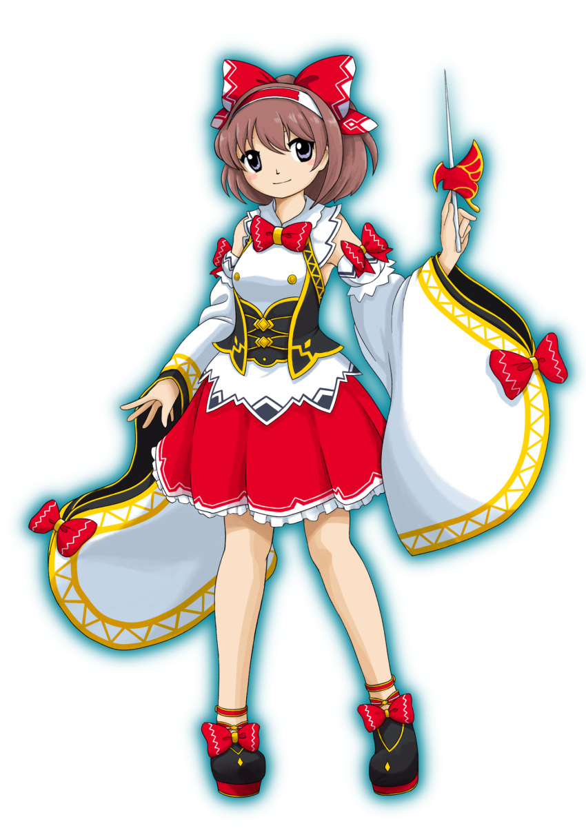 1girl, bangs, black_footwear, blue_eyes, blush_stickers, bow, bowtie, brown_hair