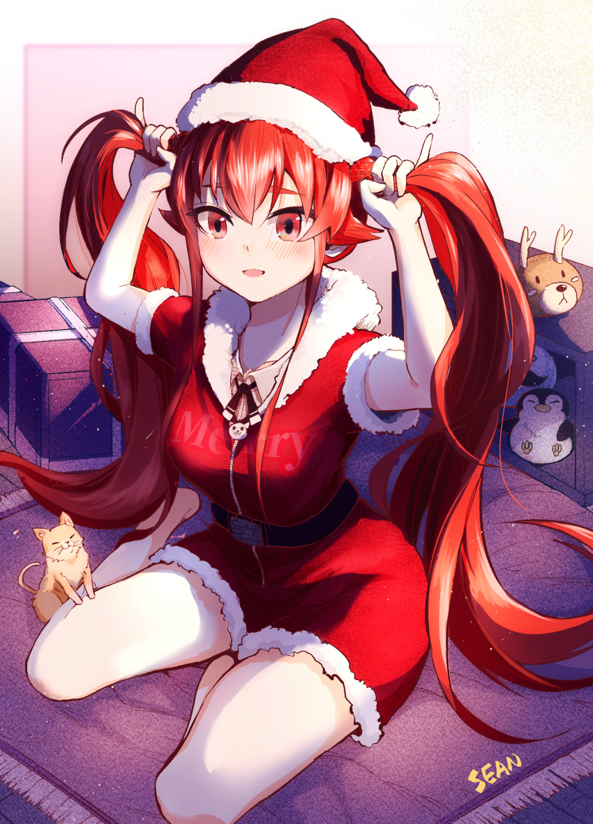 1girl, :<, :3, artist_name, bare_legs, barefoot, belt, breasts