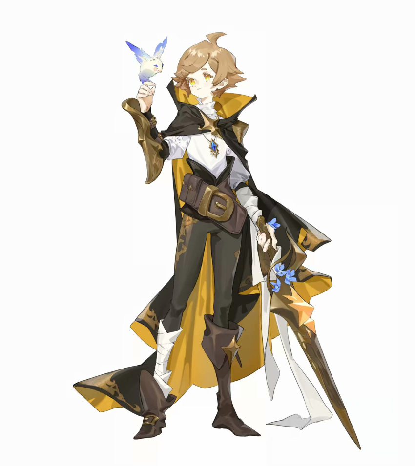 1boy, asymmetrical_footwear, belt, belt_buckle, bird, bird_on_hand, black_cape, boots