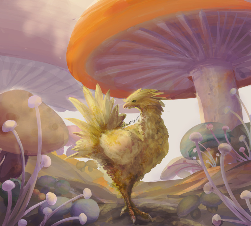 animal, animal_focus, chocobo, commentary, fantasy, final_fantasy, highres, hill, mushroom, no_humans, signature, simple_background, standing, undersized_animal, user_spka2845, white_background