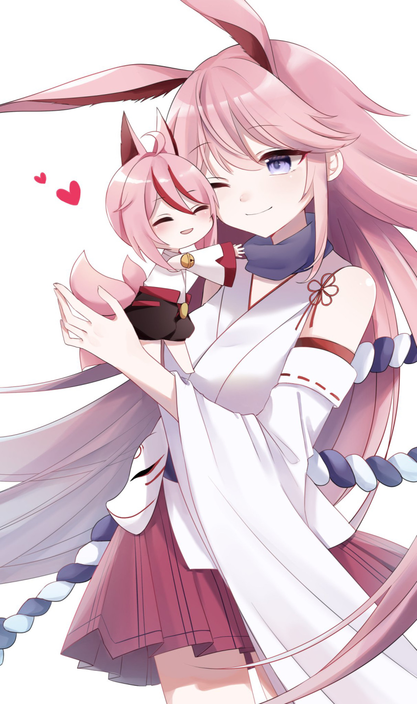 2girls, animal_ears, bangs, cheek-to-cheek, chibi, closed_mouth, fox_ears, fox_girl