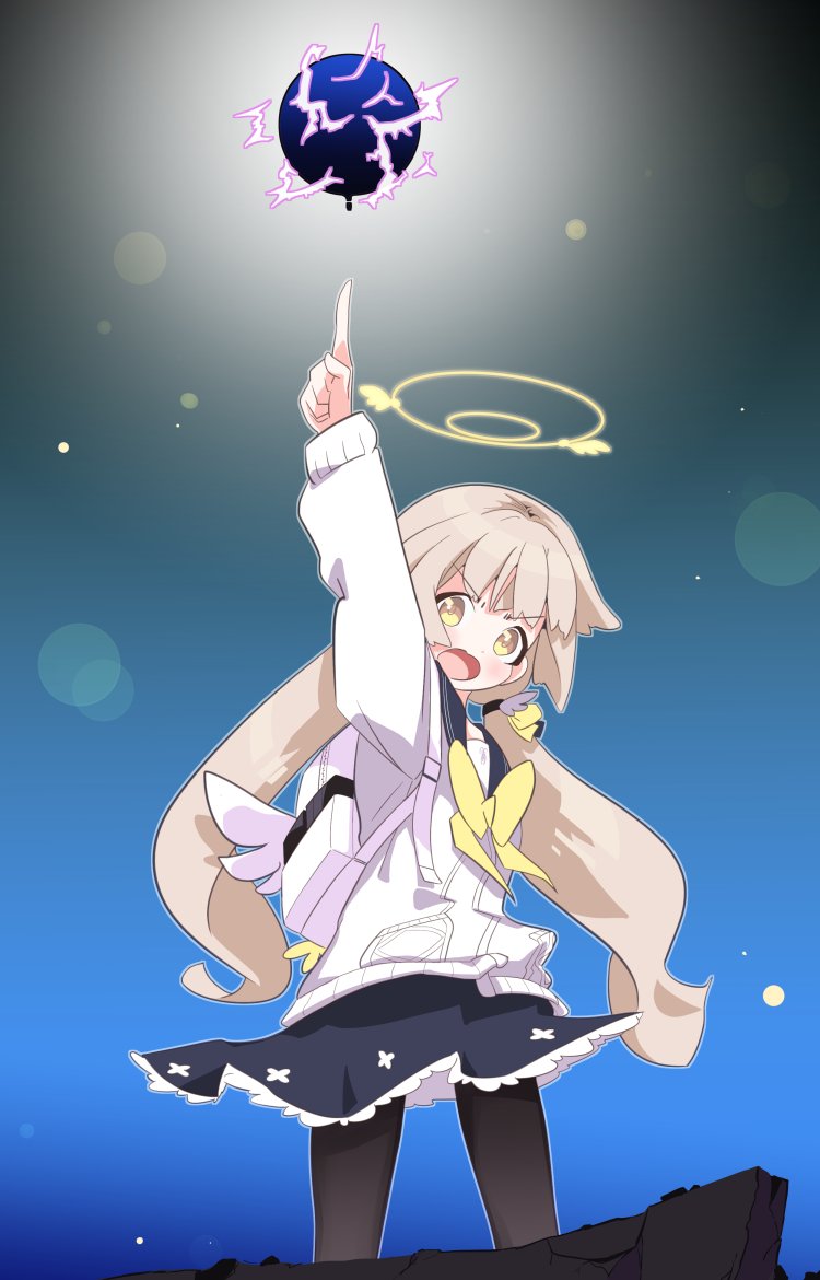 1girl, bag, blonde_hair, blue_archive, blue_skirt, blush, hair_between_eyes, hair_ribbon