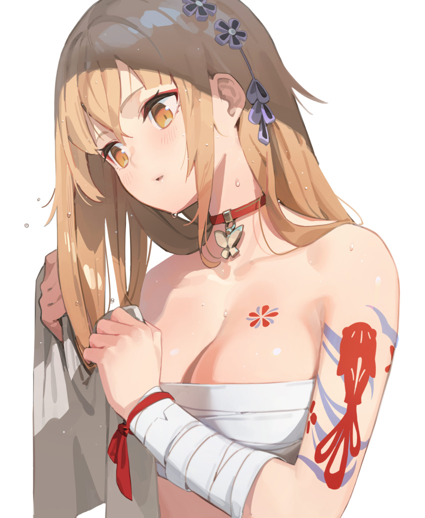 1girl, bandages, blonde_hair, blush, bra_strap, butterfly, dripping, genshin_impact