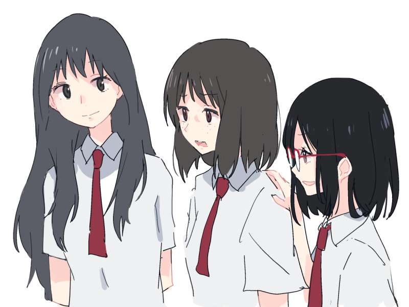 3girls, arms_behind_back, bags_under_eyes, betsuyaku_hiroka, black_hair, brown_eyes, brown_hair, closed_mouth