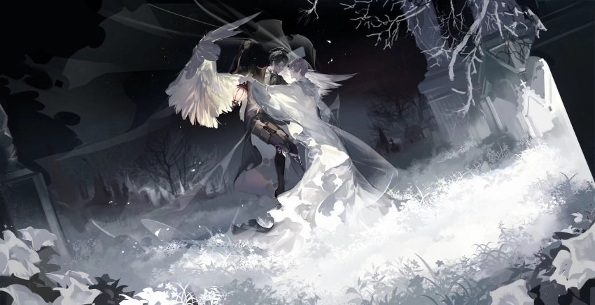 2boys, amon_(lord_of_the_mysteries), angel, angel_wings, arm_up, bangs, bare_tree, black_coat
