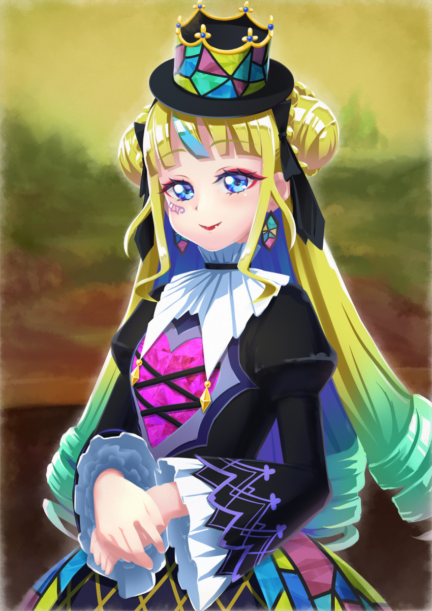 1girl, aqua_hair, black_corset, black_ribbon, blonde_hair, blue_eyes, blue_hair, braid