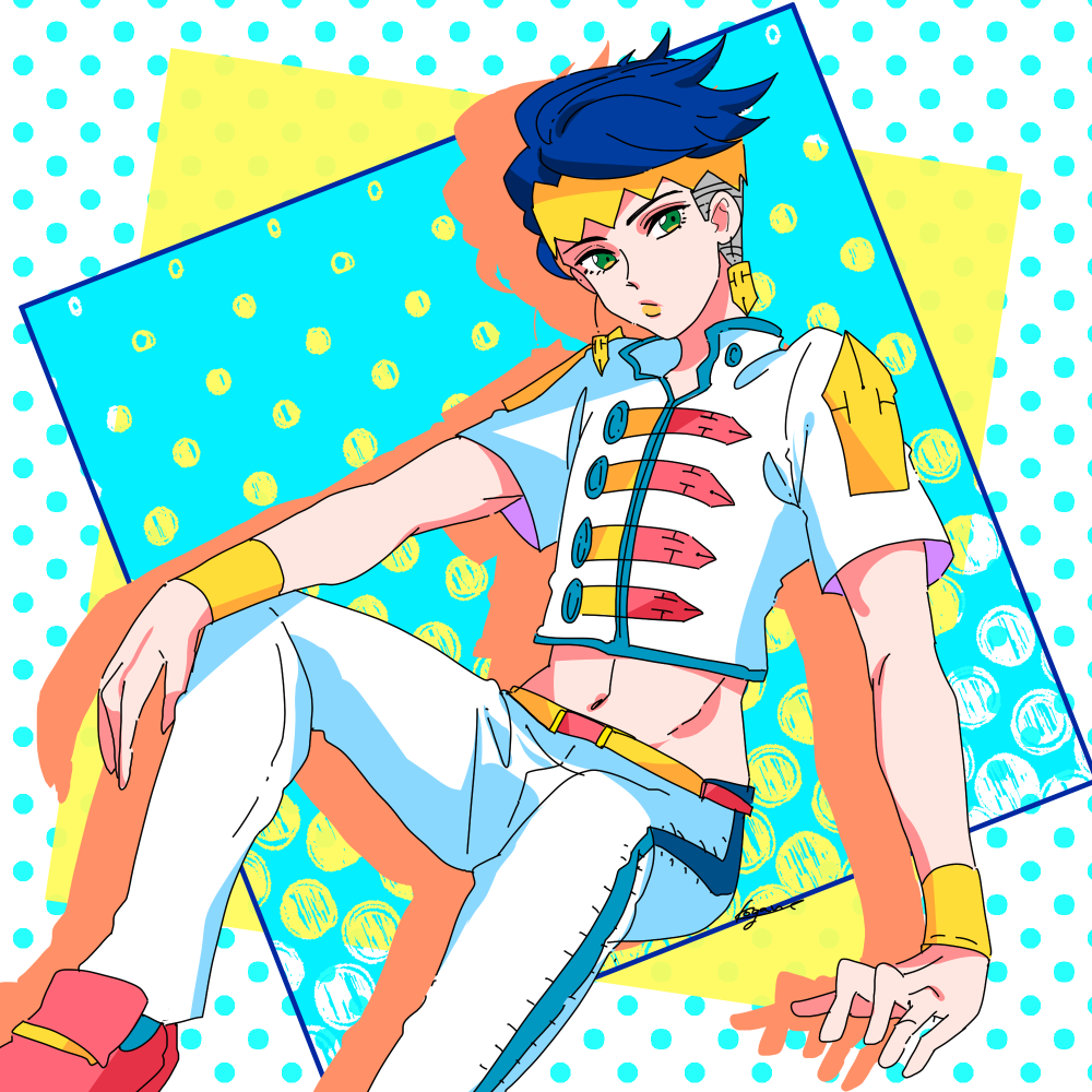 1boy, blue_hair, diamond_wa_kudakenai, earrings, green_eyes, groin, hairband, headband