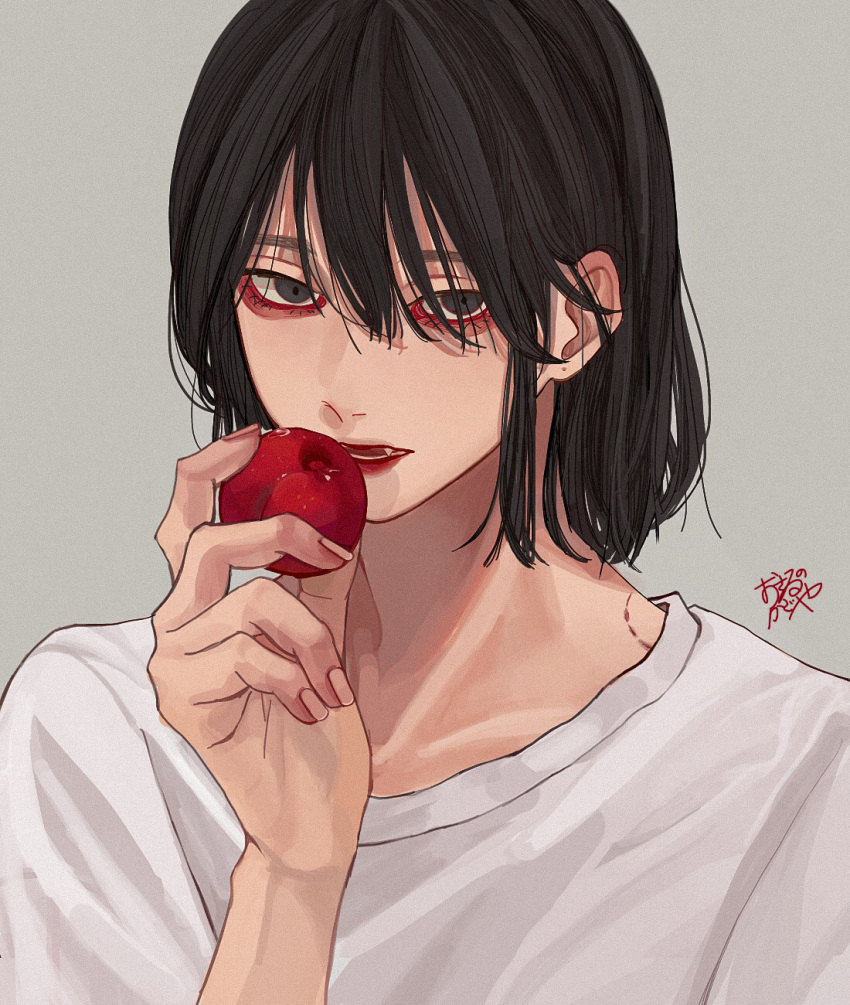 1boy, bangs, bishounen, bite_mark, black_hair, blue_eyes, bob_cut, constricted_pupils, eating, english_commentary, fang, food, fruit, grey_background, hair_between_eyes, hand_up, highres, holding, holding_food, holding_fruit, kagoya1219, looking_at_viewer, male_focus, medium_hair, open_mouth, original, plum, shirt, signature, solo, straight_hair, upper_body, white_shirt