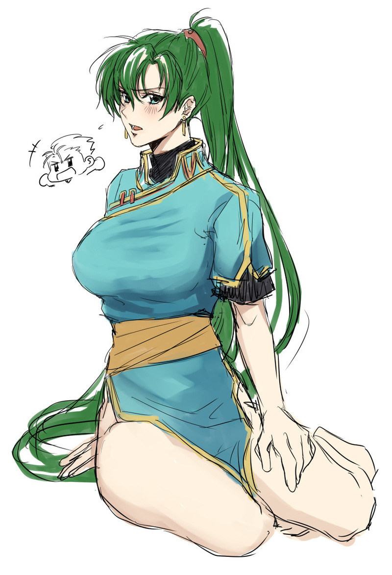 1boy, 1girl, artist_request, bare_legs, blue_dress, blush, breasts, chibi, dress, earrings, fire_emblem, fire_emblem:_the_blazing_blade, green_eyes, green_skirt, hector_(fire_emblem), jewelry, large_breasts, long_hair, looking_at_viewer, lyn_(fire_emblem), ponytail, sitting, skirt, very_long_hair, yokozuwari