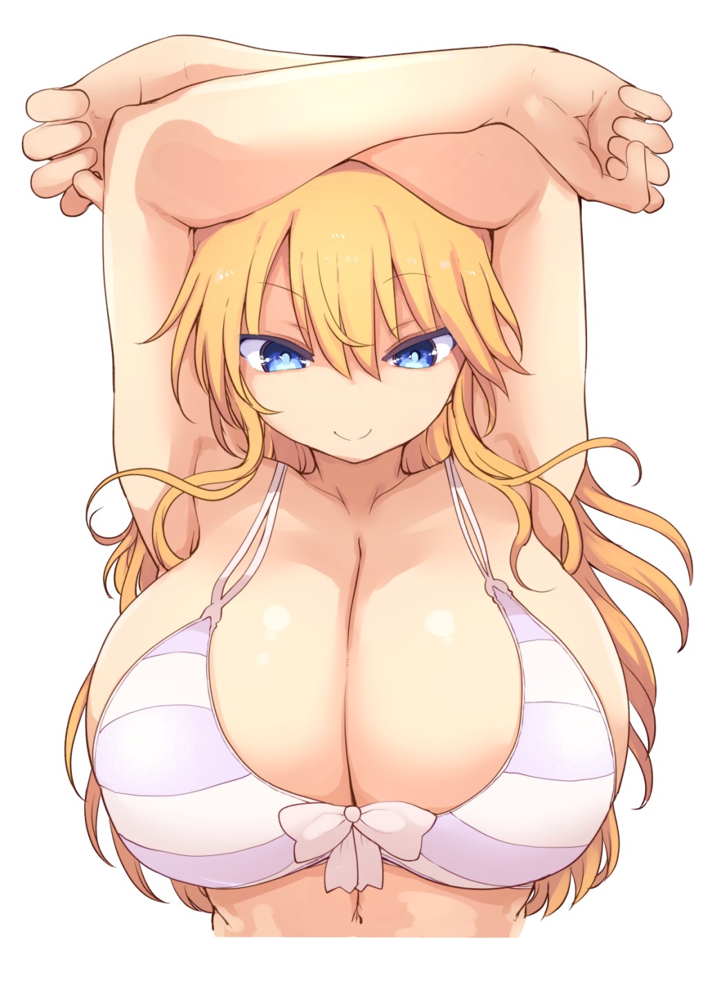 1girl, armpits, arms_up, bikini, blonde_hair, blue_eyes, breasts, chichi_chichi