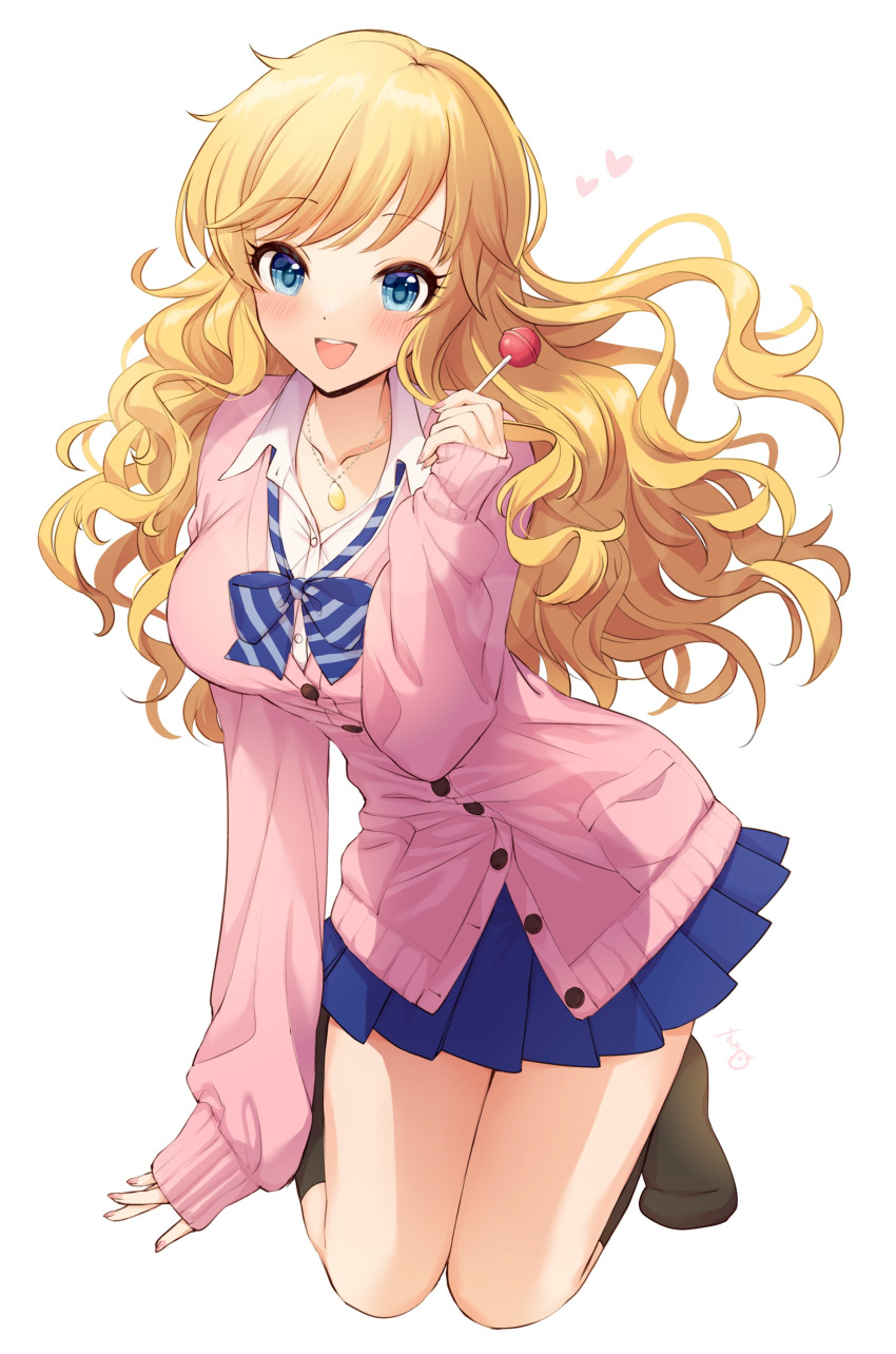 1girl, :d, absurdres, blonde_hair, blue_eyes, blue_skirt, blush, bow