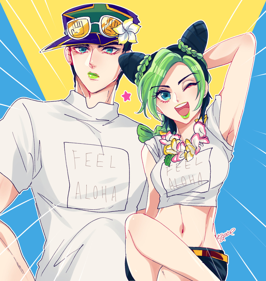1boy, 1girl, :d, black_hair, blue_eyes, braid, crop_top, crossed_legs, denim, denim_shorts, double_bun, flower, green_eyes, green_hair, green_lips, hair_cones, hat, hat_flower, hibiscus, highres, jojo_no_kimyou_na_bouken, kogatarou, kujo_jolyne, kujo_jotaro, midriff, multicolored_hair, one_eye_closed, shirt, shorts, smile, stone_ocean, t-shirt, toned, two-tone_hair