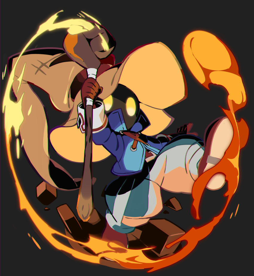 1boy, absurdres, arm_up, baggy_pants, black_background, black_mage, blue_coat, brown_footwear