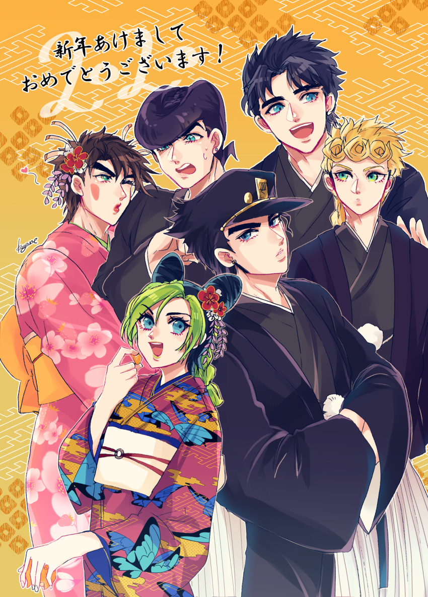 1girl, 5boys, absurdres, battle_tendency, black_hair, blonde_hair, blue_eyes, braid