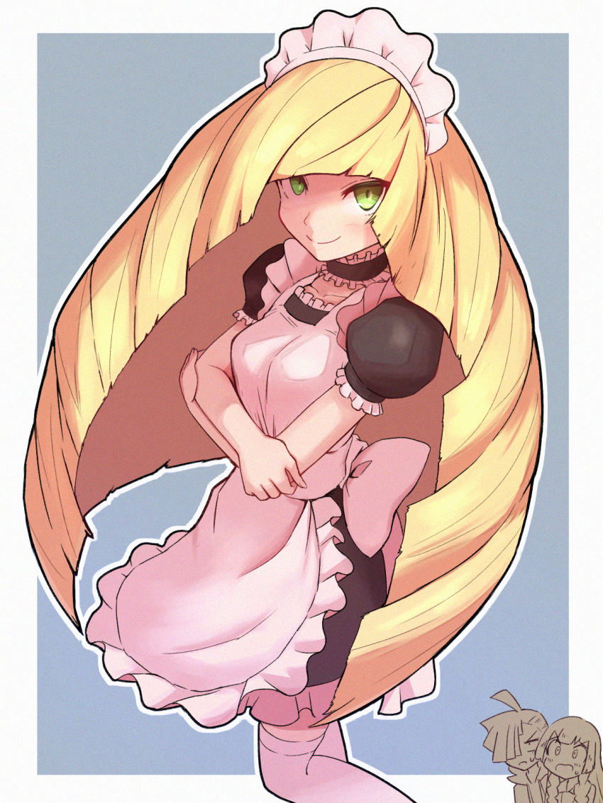 1boy, 2girls, alternate_costume, apron, blonde_hair, blush, border, breasts