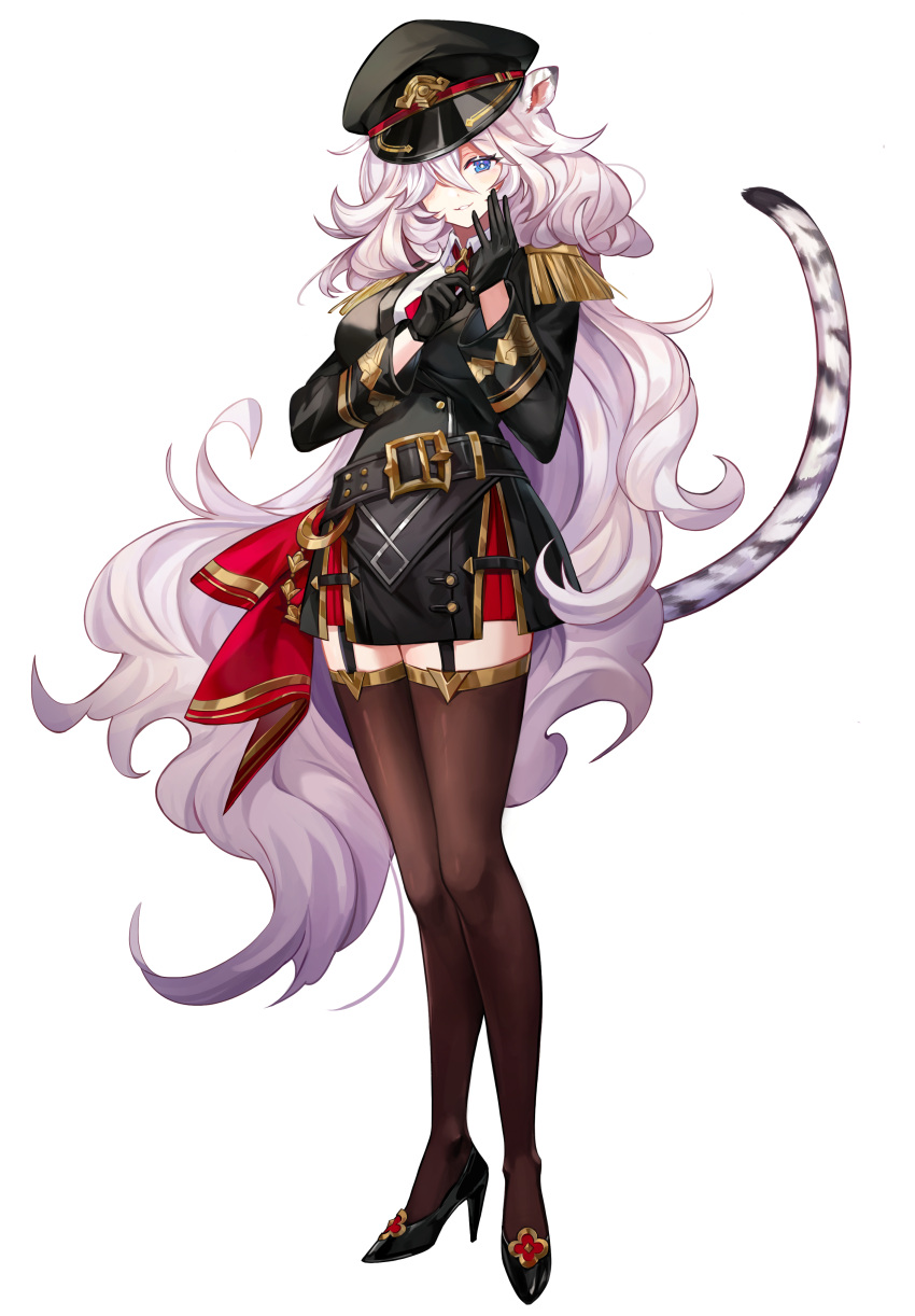 1girl, absurdres, animal_ears, belt, black_gloves, black_legwear, blue_eyes, druid_kanna, full_body, game_cg, gloves, guardian_tales, hair_over_one_eye, hat, high_heels, highres, long_hair, looking_at_viewer, official_alternate_costume, official_art, smile, standing, tail, tiger_ears, tiger_girl, tiger_tail, transparent_background, uniform, white_hair