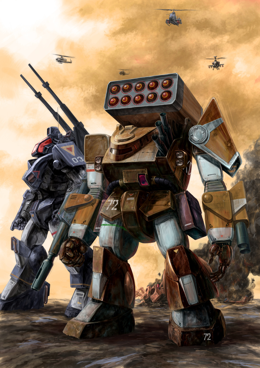 abitate_f44a_crab_gunner, absurdres, aircraft, arm_cannon, clenched_hands, clouds, cloudy_sky, dougram, helicopter, highres, ironfoot, leaning_forward, mecha, missile_pod, no_humans, open_hand, science_fiction, shoulder_cannon, sky, smoke, taiyou_no_kiba_dougram, weapon, zandan_zero_to_na!?
