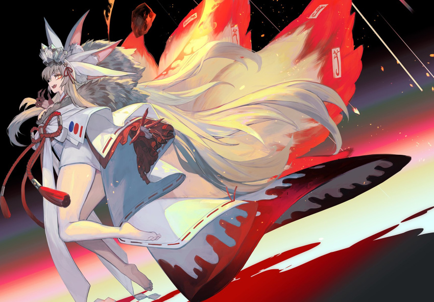 1girl, animal_ear_fluff, animal_ears, bangs, barefoot, beast_iv:l, blonde_hair, blood