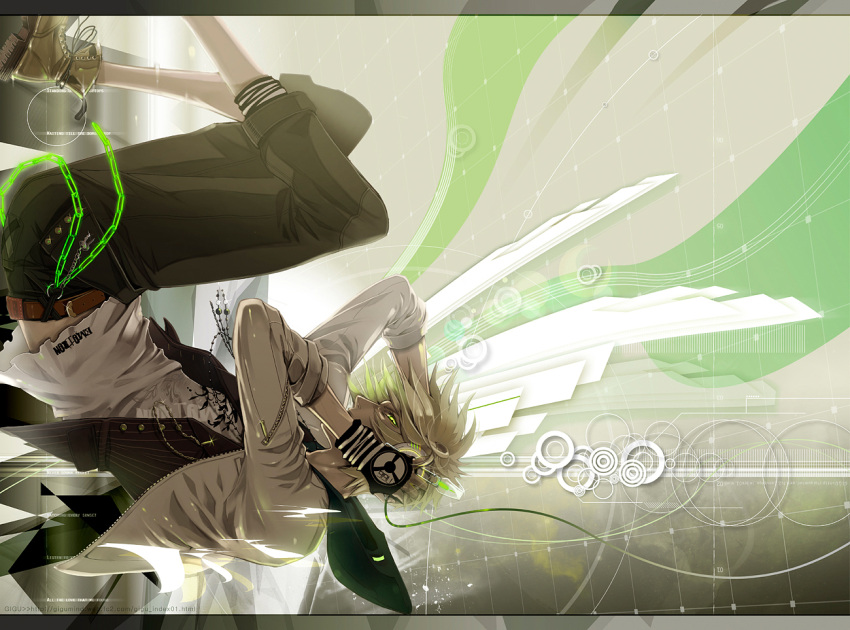 1boy, belt, blonde_hair, chain, falling, fingerless_gloves, glowing_eyes, green_eyes, headphones, hoodie, jacket, key, komaki_(pixiv309429), male, open_jacket, original, shoes, sleeves_rolled_up, solo