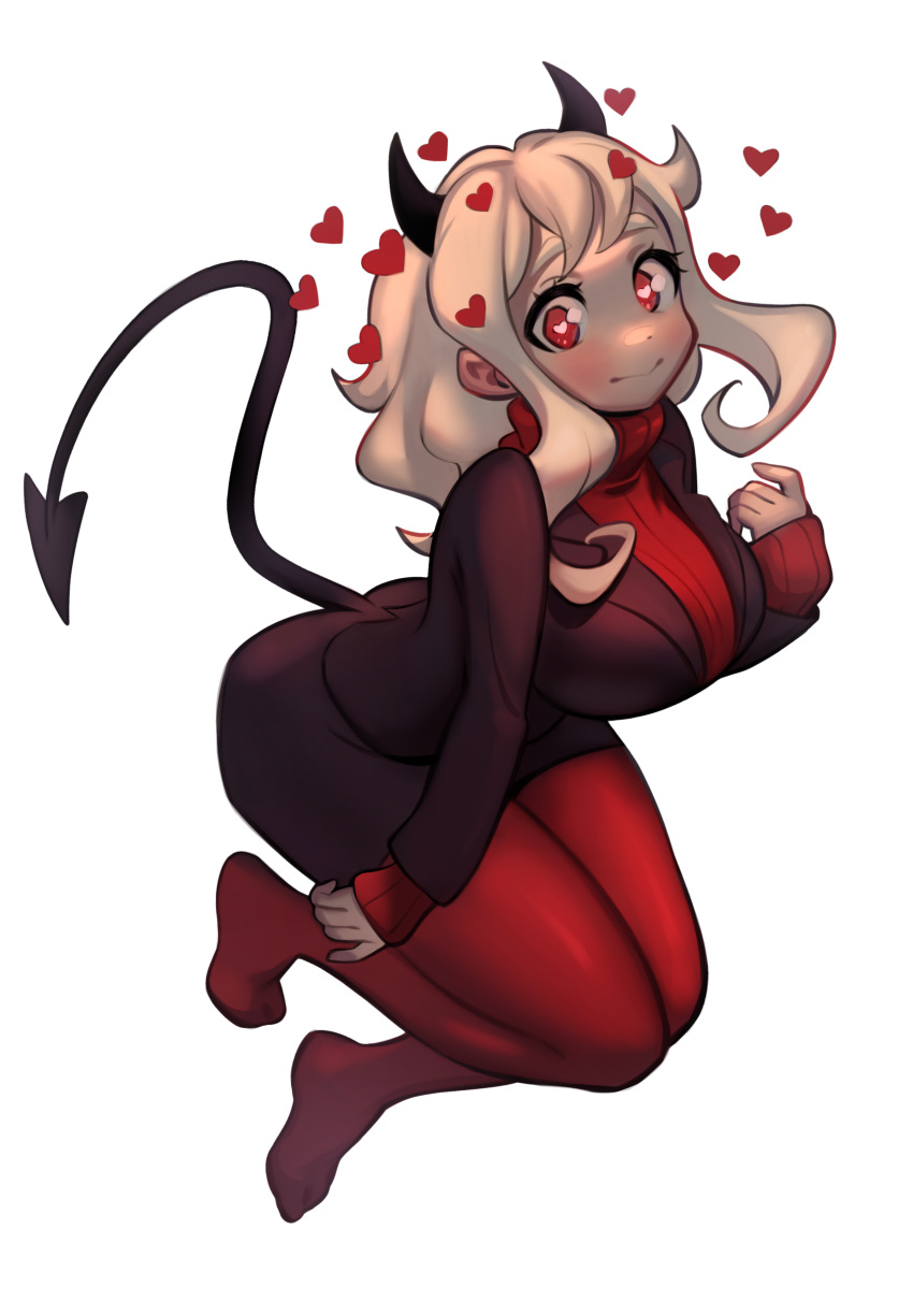1girl, absurdres, black_jacket, black_skirt, blush, breasts, commentary, demon_tail, full_body, heart, heart-shaped_pupils, helltaker, highres, jacket, large_breasts, lentiyay, long_hair, long_sleeves, looking_at_viewer, modeus_(helltaker), no_shoes, pantyhose, pencil_skirt, red_eyes, red_legwear, red_sweater, ribbed_sweater, simple_background, skirt, smile, solo, sweater, symbol-shaped_pupils, tail, turtleneck, turtleneck_sweater, white_background, white_hair