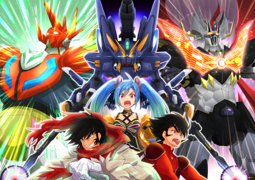 1girl, 2boys, az_sainklaus, black_eyes, black_hair, blue_hair, dual_wielding, firing