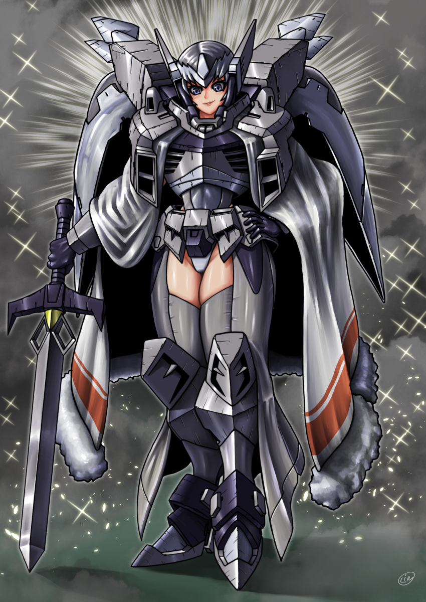 1girl, absurdres, black_hair, boots, cape, cgue, grey_background, grey_eyes