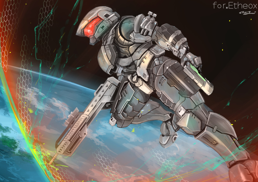 1boy, atmospheric_reentry, battle_rifle, br55, bullpup, commission, denjyou23, gun