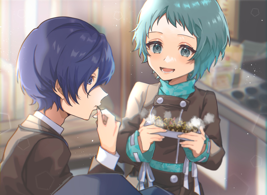 1boy, 1girl, aqua_eyes, aqua_hair, bangs, black_jacket, blue_eyes, blue_hair, commentary, eating, fingernails, food, from_side, gekkoukan_high_school_uniform, green_sweater, hair_between_eyes, highres, holding, holding_food, jacket, kamo860, looking_at_another, open_mouth, persona, persona_3, school_uniform, shirt, short_hair, smile, steam, sweater, takoyaki, tongue, turtleneck, turtleneck_sweater, uniform, upper_body, white_shirt, yamagishi_fuuka, yuuki_makoto