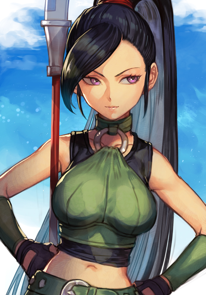 1girl, black_hair, blue_sky, breasts, choker, clouds, cloudy_sky, crop_top