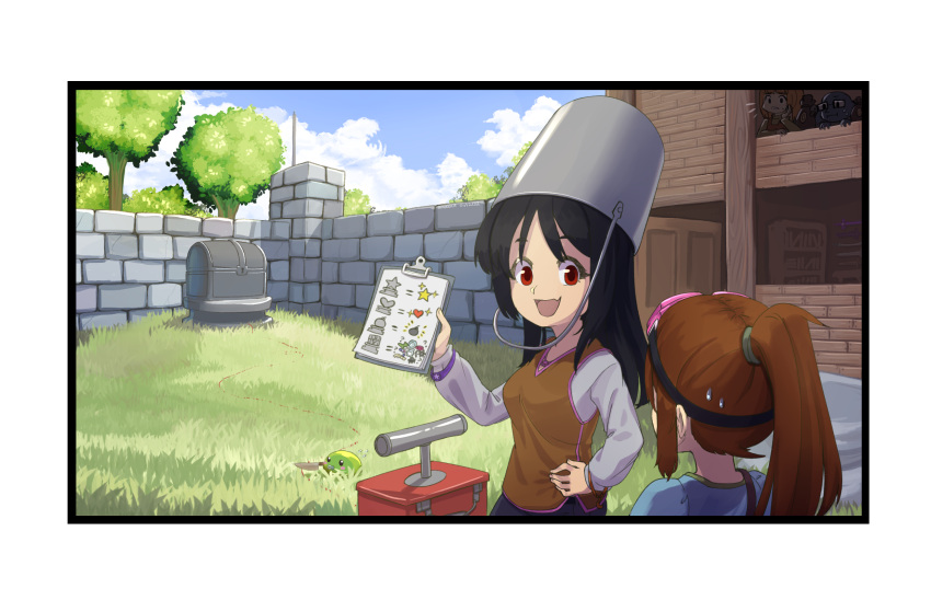 2girls, :d, black_hair, breasts, brown_hair, brown_vest, bucket, bucket_on_head