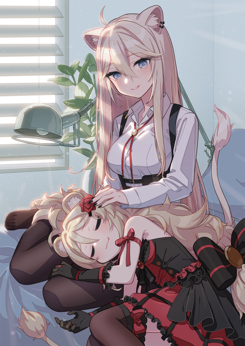 2girls, :3, ailane_(show_by_rock!!), animal_ear_fluff, animal_ears, arm_ribbon, bangs, bare_shoulders