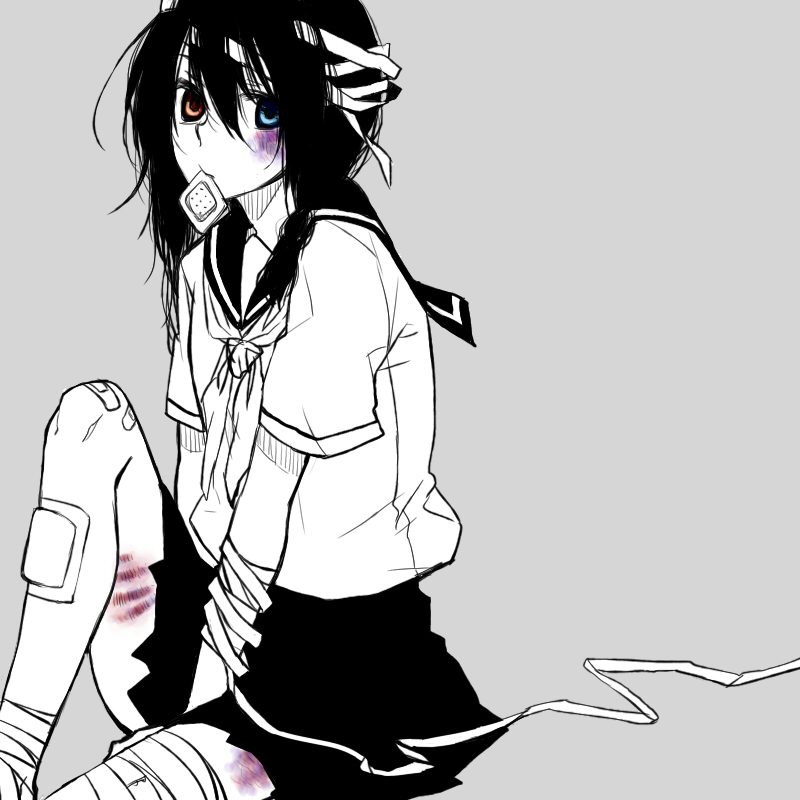 bandage, black_hair, blue_eyes, braid, brown_eyes, bruise, heterochromia, injury, kagekichirou, kobushi_abiru, leg_lift, leg_raise, mouth_hold, sayonara_zetsubou_sensei, school_uniform, serafuku, short_hair, sitting, skirt, solo, spot_color, twin_braids