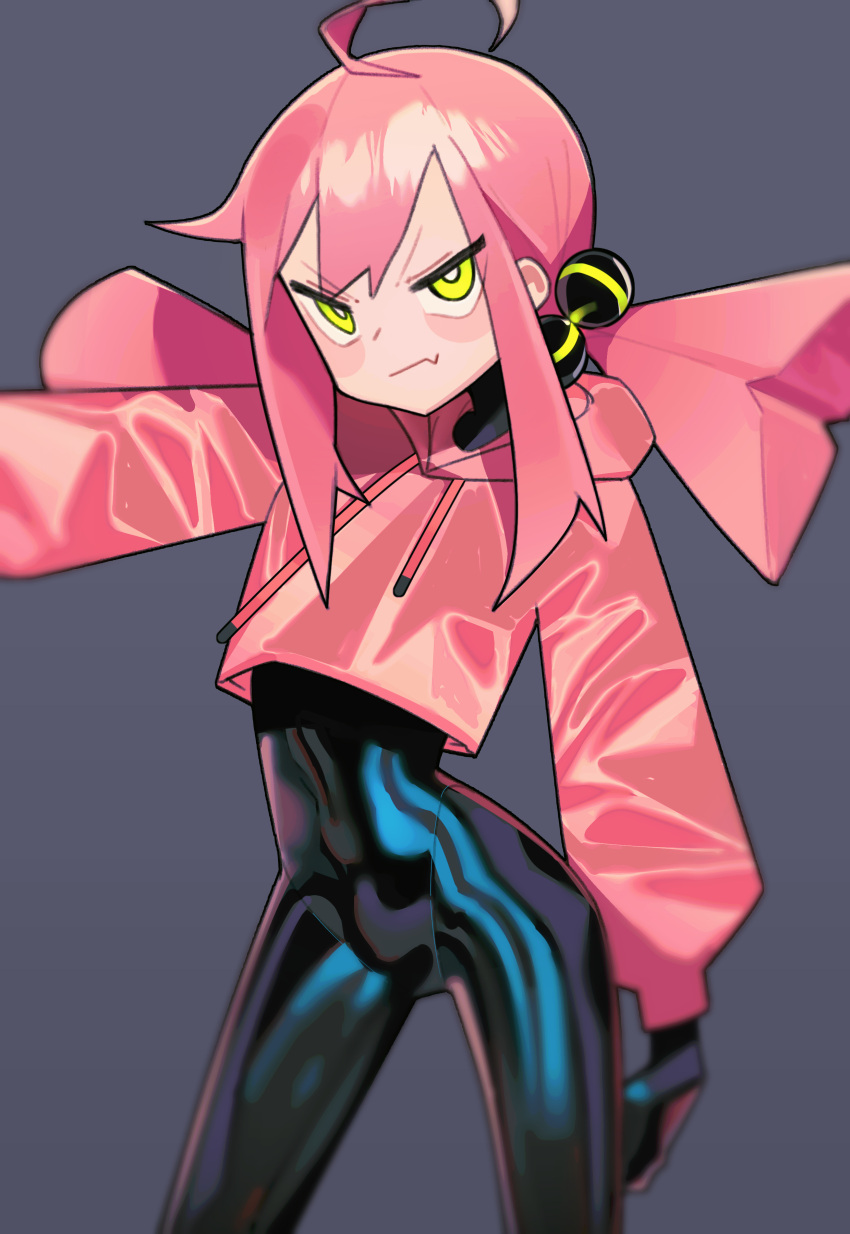 1girl, absurdres, ahoge, black_bodysuit, bodysuit, bodysuit_under_clothes, crop_top, fang