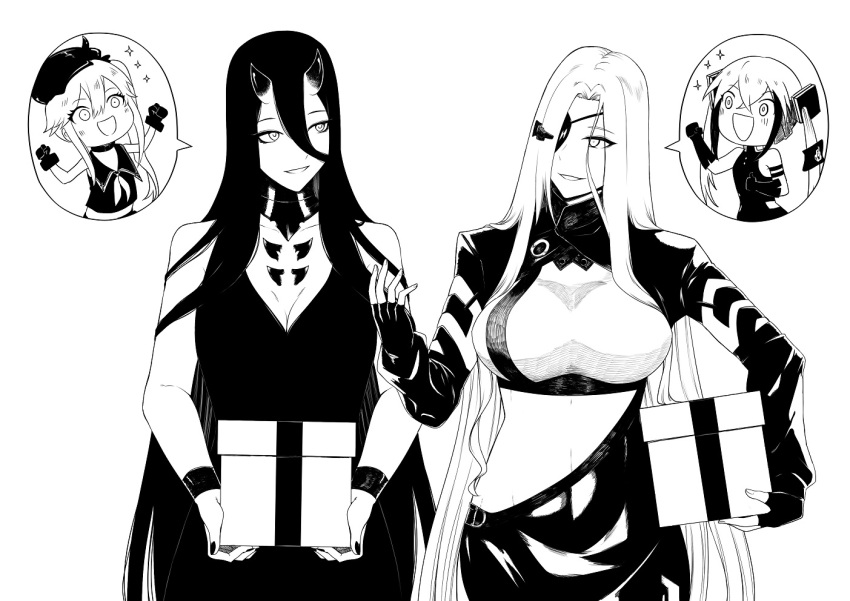 4girls, alchemist_(girls'_frontline), bangs, bare_shoulders, battleship_princess, black_hair, blush, box