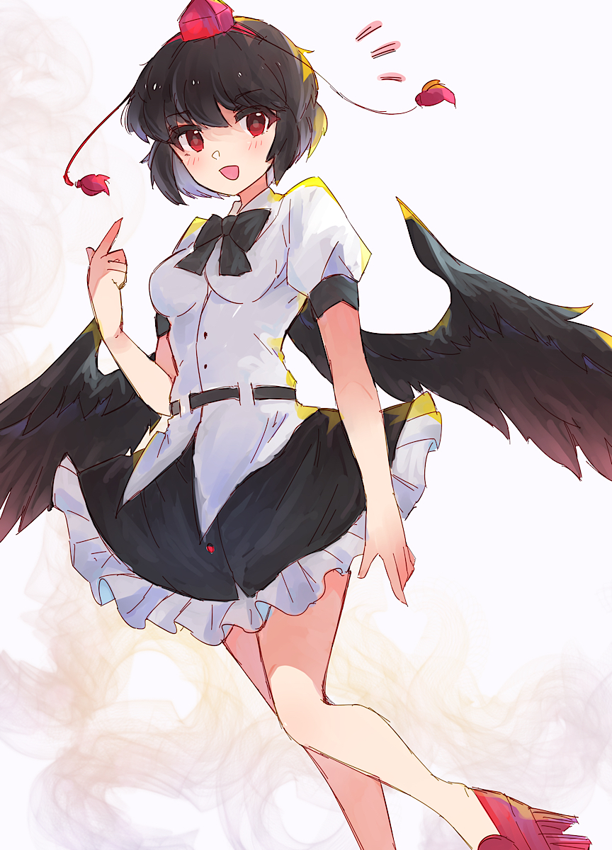 1girl, belt, bird_wings, black_belt, black_hair, black_ribbon, black_skirt, black_wings