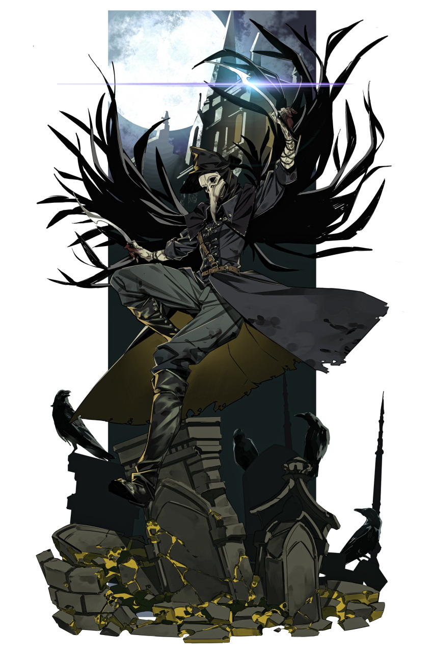 1girl, absurdres, bird, black_headwear, blade_of_mercy, bloodborne, boots, building
