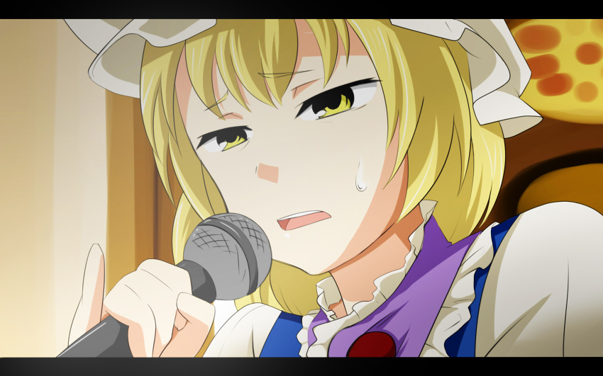 kannagi, letterboxed, microphone, parody, sweatdrop, tamakko, touhou, wallpaper
