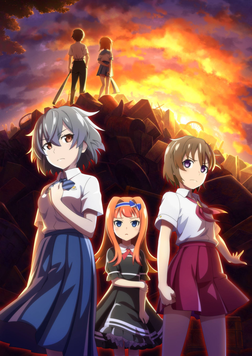 1boy, 4girls, absurdres, akasaka_miyuki, artist_request, bangs, baseball_bat, blue_eyes