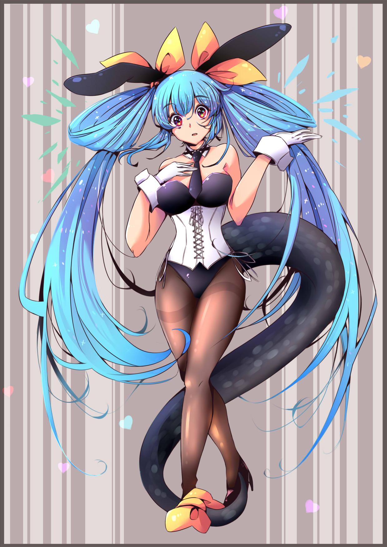 1girl, animal_ears, bangs, bare_shoulders, black_bow, black_necktie, blue_hair, bow