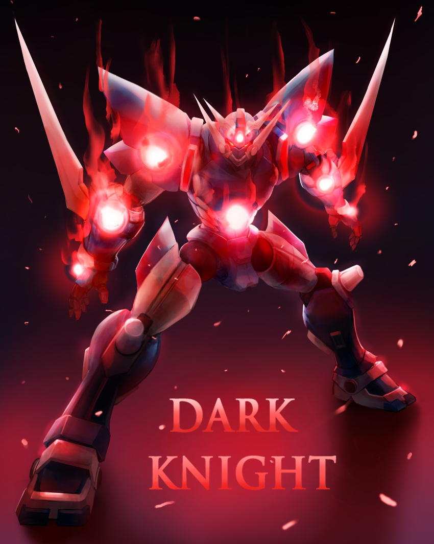 absurdres, arm_blade, black_background, english_text, glowing, glowing_crystal, highres, mecha