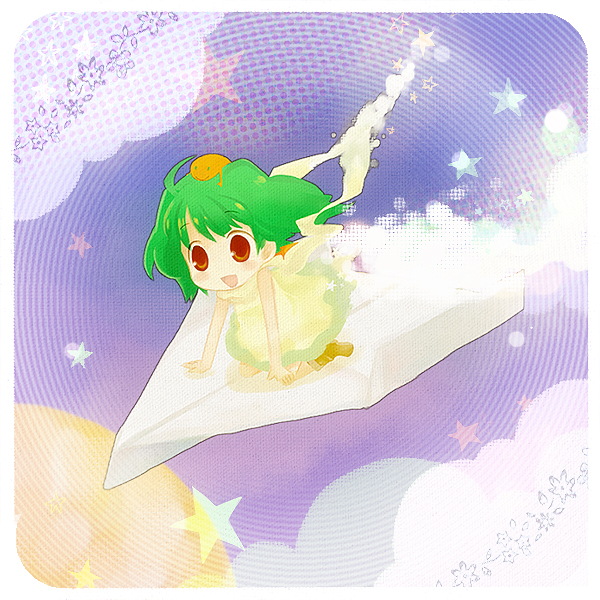 :d, chibi, cloud, clouds, dress, flying, green_hair, jiruta