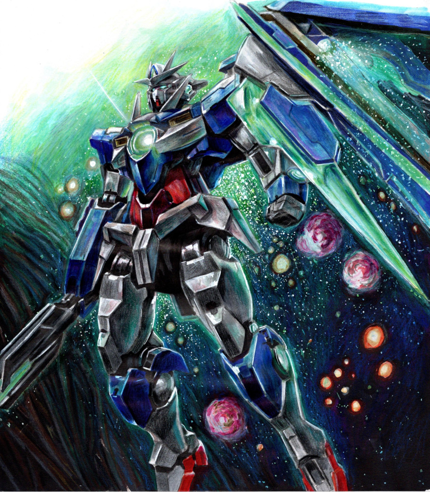 00_qan[t], 07nono06, blade, commentary_request, flying, glowing, glowing_eyes, green_eyes
