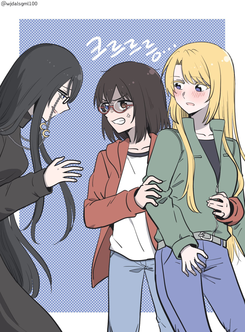 3girls, anger_vein, black_dress, black_hair, blonde_hair, blue_eyes, blush, brown_hair