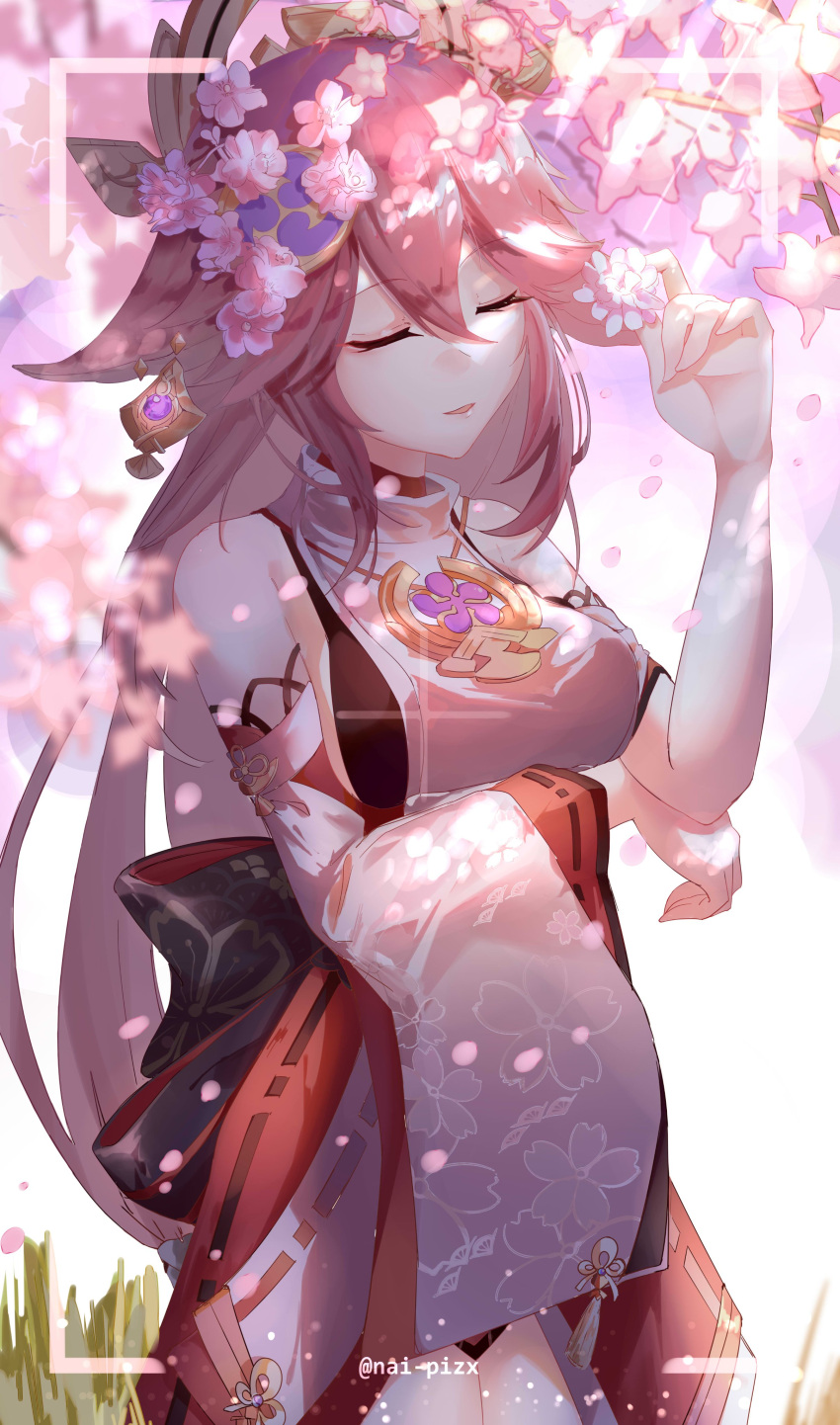 1girl, absurdres, arm_under_breasts, arm_up, bangs, blush, branch, breasts, cherry_blossoms, closed_eyes, closed_mouth, commentary, detached_sleeves, feet_out_of_frame, floral_print, flower, genshin_impact, grass, hair_between_eyes, hair_flaps, hair_ornament, headgear, highres, holding, holding_flower, japanese_clothes, jewelry, long_hair, looking_at_viewer, miko, nai_pizx, necklace, one_eye_closed, parted_lips, pink_hair, priestess, print_sleeves, ribbon-trimmed_sleeves, ribbon_trim, simple_background, solo, standing, tassel, turtleneck, twitter_username, very_long_hair, violet_eyes, vision_(genshin_impact), white_background, white_flower, wide_sleeves, yae_(genshin_impact)